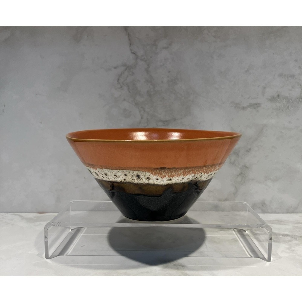 Studio Pottery Glazed Ceramic Bowl Terracotta Orange Black Drip Glaze 6.75"